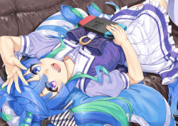 Rule 34 | 1girl, :d, animal ears, arm up, blue eyes, blue hair, commentary request, couch, frilled skirt, frills, green hair, hair between eyes, heterochromia, holding, horse ears, horse girl, horse tail, looking at viewer, miri (ago550421), multicolored hair, nintendo switch, on couch, open mouth, pillow, pleated skirt, puffy short sleeves, puffy sleeves, purple eyes, purple shirt, ringed eyes, school uniform, shirt, short sleeves, skirt, smile, solo, tail, thighhighs, tracen school uniform, twin turbo (umamusume), twintails, two-tone hair, umamusume, white skirt, white thighhighs