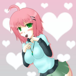 Rule 34 | 1girl, blush, breasts, candy, chocolate, chocolate heart, food, green eyes, hands on own chest, heart, holding, large breasts, looking at viewer, original, pink hair, short hair, smile, solo, yani tama