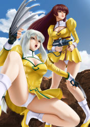 Rule 34 | 2girls, agent aika, aika (series), bare legs, blue sky, bobby socks, braid, breasts, brown eyes, brown hair, claws, cleavage, cleavage cutout, clothing cutout, cloud, commentary, crotch seam, day, delmo, delmogeny uniform, dress, golden delmo, gun, hair intakes, high heels, highres, holding, holding gun, holding weapon, juliet sleeves, large breasts, long hair, long legs, long sleeves, multiple girls, outdoors, panties, pouch, puffy sleeves, sania (agent aika), sky, smile, socks, spj, squatting, standing, tonia, underwear, uniform, weapon, white panties, yellow dress, yellow footwear