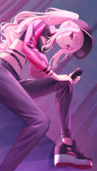 Rule 34 | 1girl, baseball cap, belt, black hat, black pants, black shirt, cleavage cutout, clothing cutout, crop top, deadnooodles, hat, highres, holding, hololive, hololive english, long hair, long sleeves, looking at viewer, microphone, midriff, mori calliope, mori calliope (streetwear), navel, pants, parted lips, pink hair, ponytail, red eyes, shirt, shoes, sitting, smile, sneakers, solo, stomach, very long hair, virtual youtuber