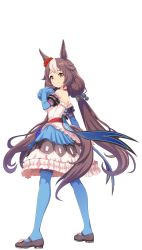 Rule 34 | 1girl, animal ears, black footwear, blue thighhighs, brown eyes, brown hair, detached sleeves, dress, full body, hair ornament, hair scrunchie, highres, horse ears, horse girl, horse tail, long hair, looking at viewer, low twintails, multicolored hair, official art, red scrunchie, scrunchie, shoes, solo, tail, thighhighs, transparent background, twintails, two-tone hair, umamusume, white hair, yamanin zephyr (umamusume)