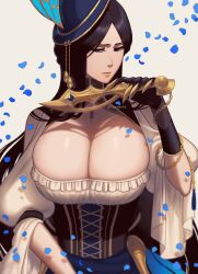 Rule 34 | 1girl, 50x48x48, black gloves, black hair, bleach, bleach: brave souls, blue eyes, breasts, brown corset, claw ring, cleavage, closed mouth, commentary request, corset, dress, elbow gloves, falling petals, gloves, highres, holding, huge breasts, long hair, looking at viewer, official alternate costume, parted bangs, petals, scar, scar on chest, solo, twitter username, unohana retsu, upper body, white background, white dress