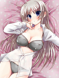 Rule 34 | 1girl, bad id, bad pixiv id, black panties, blue eyes, blush, bra, breasts, cleavage, large breasts, lingerie, long hair, looking at viewer, lying, open clothes, open shirt, original, panties, paopao, see-through, shirt, silver hair, solo, thigh gap, underwear