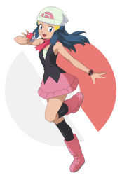 Rule 34 | 1girl, :d, bare arms, bare shoulders, beanie, black socks, blue eyes, blue hair, blush, boots, creatures (company), dress, full body, game freak, hair ornament, hairclip, hat, holding, holding poke ball, isshi pyuma, knee boots, kneehighs, leg up, long hair, nintendo, open mouth, pink footwear, pink scarf, poke ball, poke ball (basic), pokemon, pokemon dppt, poketch, scarf, sleeveless, sleeveless dress, smile, socks, solo, standing, standing on one leg, v, watch, white hat, wristwatch