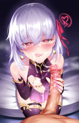 Rule 34 | 1boy, 1girl, after fellatio, bare shoulders, blush, breasts, censored, china dress, chinese clothes, collarbone, cum, cum in mouth, detached sleeves, dress, earrings, fate/grand order, fate (series), hair ribbon, heart, heart-shaped pupils, highres, jewelry, kama (fate), large penis, long sleeves, looking at viewer, m-da s-tarou, medium hair, mosaic censoring, nail polish, naughty face, penis, penis grab, pink nails, purple dress, red eyes, red ribbon, ribbon, sitting, small breasts, smile, symbol-shaped pupils, tearing up, thick thighs, thighhighs, thighs, tongue, tongue out, white hair