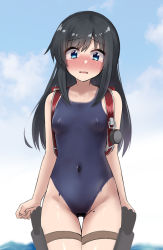 Rule 34 | 1girl, asashio (kancolle), backpack, bag, bar censor, black hair, blue eyes, blush, bodypaint, breasts, censored, commentary request, covered erect nipples, kantai collection, long hair, nipples, one-piece swimsuit, open mouth, painted clothes, sasakura (calicchio), small breasts, solo, swimsuit, tears, thigh strap, torpedo launcher