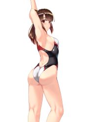 Rule 34 | 1girl, armpits, arms up, ass, back, back cutout, blunt bangs, blush, breasts, brown hair, butt crack, clothing cutout, competition swimsuit, from behind, high ponytail, highleg, highleg swimsuit, highres, kneepits, light smile, long hair, looking at viewer, looking back, multicolored clothes, multicolored swimsuit, one-piece swimsuit, original, ponytail, rebutsu, shiny clothes, sideboob, sidelocks, simple background, small breasts, solo, standing, stretching, swimsuit, twisted torso