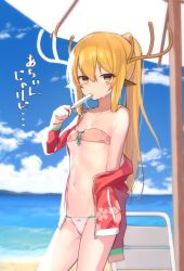 Rule 34 | 1girl, animal ears, antlers, bare shoulders, beach umbrella, bikini, blonde hair, blue sky, blush stickers, breasts, chair, collarbone, day, eating, floral print, food, highres, hitoshi, holding, holding food, horns, jacket, long hair, looking at viewer, lounge chair, navel, ocean, off shoulder, open clothes, open jacket, original, outdoors, ponytail, popsicle, sky, small breasts, solo, standing, stomach, strapless, summer, sweat, swimsuit, umbrella, yellow eyes