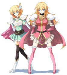 Rule 34 | 2girls, aqua dress, aqua eyes, armor, belt, black choker, black thighhighs, blonde hair, blue eyes, boots, breastplate, breasts, choker, commentary request, dress, echizen (hvcv), elbow gloves, fire emblem, fire emblem: genealogy of the holy war, full body, gloves, grey skirt, hand on own hip, lachesis (fire emblem), long hair, looking at viewer, medium breasts, miniskirt, mother and daughter, multiple girls, nanna (fire emblem), nintendo, pauldrons, pink footwear, pink gloves, pink shirt, pleated dress, pleated skirt, shirt, short dress, short hair, short sleeves, shoulder armor, simple background, skirt, smile, thigh boots, thighhighs, third-party source, white background, white footwear, white gloves, wing hair ornament