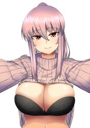 1girl absurdres artist_name breasts breasts_out cleavage clothes_lift hair_between_eyes highres lace large_breasts long_hair long_sleeves looking_at_viewer navel original outstretched_arms ponytail purple_hair red_eyes sidelocks signature smile solo stomach suraya_(z666ful) sweater sweater_lift turtleneck turtleneck_sweater upper_body white_background z666ful