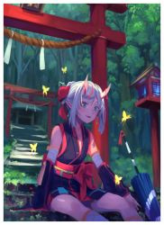 Rule 34 | 1girl, aqua eyes, bare shoulders, bug, butterfly, chikuwa (garakuta waakusu), commentary request, detached sleeves, forest, hair ribbon, highres, horns, insect, japanese clothes, lantern, looking at viewer, nature, oil-paper umbrella, oni, open mouth, original, ribbon, sash, sidelocks, silver hair, sitting, smile, solo, torii, umbrella