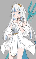 Rule 34 | 1girl, :d, amashiro natsuki, blue eyes, blue hair, dress, fins, fish tail, gawr gura, gawr gura (party dress), grey background, hagoromo, hand up, highres, hololive, hololive english, long hair, looking at viewer, multicolored hair, open mouth, pleated dress, polearm, shark tail, sharp teeth, shawl, simple background, smile, solo, streaked hair, tail, teeth, trident, very long hair, virtual youtuber, weapon, white dress, white hair
