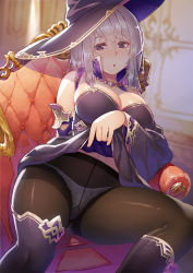 Rule 34 | 1girl, blush, boots, breasts, chair, closed mouth, clothes lift, commentary request, detached sleeves, dress, dress lift, gusset, hair between eyes, hat, kibanda gohan, large breasts, long hair, looking at viewer, navel, original, panties, panties under pantyhose, pantyhose, purple eyes, silver hair, sitting, solo, thigh boots, thighhighs, thighs, underwear, wide sleeves, witch hat