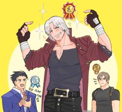 Rule 34 | 3boys, ace attorney, black hair, blonde hair, blue suit, brown hair, capcom, clapping, coat, collared shirt, crossover, dante (devil may cry), devil may cry (series), devil may cry 5, facial hair, fingerless gloves, formal, gloves, highres, holding, leon s. kennedy, long hair, long sleeves, male focus, mature male, multiple boys, muscular, muscular male, necktie, open mouth, phoenix wright, poll, rabiadraw, red coat, resident evil, resident evil 4, shirt, smile, spiked hair, suit, upper body, white hair