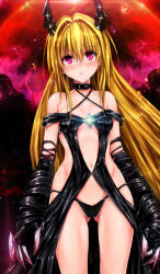 Rule 34 | 10s, 1girl, akage, alternate costume, bare shoulders, black dress, black panties, blonde hair, blood, blush, breasts, cameltoe, choker, claws, clothing cutout, collar, colorized, criss-cross halter, dark persona, detached sleeves, dress, elbow gloves, gloves, groin, hair between eyes, hair intakes, halterneck, horns, konjiki no yami, leather, long hair, looking at viewer, lowleg, lowleg panties, midriff, navel, navel cutout, nose blush, off shoulder, panties, parted lips, partially visible vulva, pitui1996, red eyes, revealing clothes, self-upload, small breasts, solo, standing, to love-ru, to love-ru darkness, underboob, underboob cutout, underwear, very long hair, wide hips