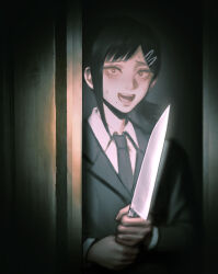Rule 34 | 1girl, absurdres, black eyes, black hair, black necktie, black suit, chainsaw man, chinese commentary, commentary, constricted pupils, czy (2894456992), formal, hair ornament, hairclip, higashiyama kobeni, highres, holding, holding knife, knife, mole, mole under mouth, necktie, nervous sweating, open mouth, smile, solo, suit, sweat, upper body