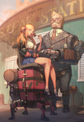 Rule 34 | 1girl, absurdres, alcohol, blonde hair, blue eyes, breasts, chair, cup, cyborg, drinking glass, food, fork, freckles, highres, holding, holding knife, knife, legs, long hair, looking at viewer, luggage, mary janes, mechanical arms, original, postbox, prosthesis, prosthetic arm, robot, shoes, single mechanical arm, sitting, solo, steak, thighs, twintails, weltol, wine, wine glass