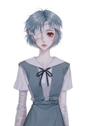 Rule 34 | 1girl, arms at sides, ayanami rei, bandaged arm, bandaged head, bandages, black ribbon, blue dress, blue hair, blurry, closed mouth, collared shirt, commentary, cowboy shot, dress, eyepatch, highres, lips, looking at viewer, medical eyepatch, neon genesis evangelion, nose, one eye closed, parted hair, pinafore dress, red eyes, ribbon, shirt, short hair, short sleeves, simple background, sleeveless, sleeveless dress, solo, straight-on, white background, white shirt, zzyeri