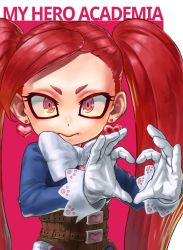 1girl, 4o080 yotabnc, boku no hero academia, bow, bowtie, commentary request, copyright name, earrings, gloves, heart, heart earrings, heart hands, highres, jewelry, la brava, long hair, pink background, red hair, solo, twintails, two-tone background, very long hair, white background, white bow, white neckwear
