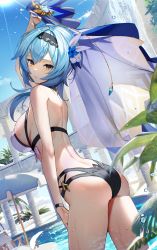 Rule 34 | 1girl, absurdres, arm up, ass, asymmetrical hair, bare shoulders, beach chair, beach umbrella, bikini, blue hair, breasts, cape, closed mouth, eula (genshin impact), flower, from behind, from side, genshin impact, hair flower, hair ornament, hairband, highres, holding, holding cape, holding clothes, large breasts, leaning forward, looking at viewer, looking back, medium hair, pool, poolside, scottie (phantom2), solo, swimsuit, umbrella, vision (genshin impact), water drop, wet, yellow eyes