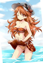 Rule 34 | 10s, 1girl, ;), bandeau, bare legs, bare shoulders, beach, belt, bikini, blush, breasts, brown eyes, brown hair, clothes lift, collarbone, covered erect nipples, day, female focus, front-tie top, goggles, goggles on headwear, gradient background, granblue fantasy, hat, legs, lens flare, long hair, looking at viewer, mary (granblue fantasy), neck, one eye closed, panties, plaid, plaid skirt, skirt, skirt lift, smile, solo, standing, strapless, strapless bikini, striped bikini, striped clothes, striped panties, swimsuit, underwear, wading, wansuro
