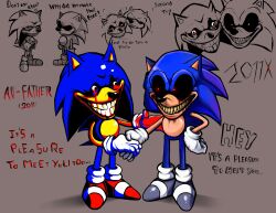 Rule 34 | 2011sonic (sonic.exe), 2boys, black sclera, blood, blood on face, blood on hands, bloody tears, character name, colored sclera, commentary, creepyboy, crying, crying with eyes open, english commentary, english text, gloves, handshake, highres, multiple boys, sharp teeth, sonic.exe, sonic.exe (character), sonic (series), sonic the hedgehog, tears, teeth, white gloves, yellow teeth