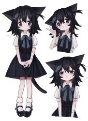 Rule 34 | 1girl, animal ears, bags under eyes, bandaged arm, bandages, black dress, black footwear, black hair, blue bow, blue bowtie, blush, bow, bowtie, cat ears, cat girl, cat tail, chestnut mouth, collared shirt, commentary, cropped torso, dress, fish hair ornament, flying sweatdrops, full body, hair ornament, half-closed eyes, hand up, head tilt, highres, looking at viewer, mary janes, medium hair, multiple views, neko yeye, one side up, open mouth, original, own hands together, pinafore dress, puffy short sleeves, puffy sleeves, shirt, shoes, short sleeves, simple background, squeans, sleepy, sleeveless, sleeveless dress, socks, tail, tareme, v, v arms, white background, white socks