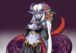 Rule 34 | 1girl, alipheese fateburn xvi, bad id, bad pixiv id, black gloves, blue skin, breasts, cleavage, colored skin, detached collar, earrings, elbow gloves, facial mark, flower, gem, gloves, hair flower, hair ornament, hands on own chest, horns, jewelry, kimyouna juju, lamia, large breasts, long hair, midriff, mon-musu quest!, monster girl, navel, plant, pointy ears, purple skin, scales, sidelocks, signature, silver hair, smile, snake tail, solo, tail, tattoo, very long hair, vines, yellow eyes