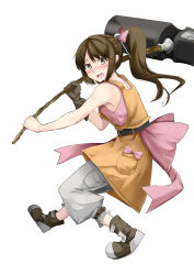 Rule 34 | 1girl, bare shoulders, belt, blush, bow, brown hair, gintenko, gloves, hair ornament, hair ribbon, hair stick, hammer, hammer (ole tower), highres, holding, holding weapon, huge weapon, long hair, ole tower, open mouth, overalls, pants, pink bow, ponytail, ribbon, simple background, single glove, solo, tenko (gintenko), weapon, white background, yellow eyes