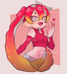 Rule 34 | 1girl, :d, border, bow, commentary, commission, detached sleeves, earrings, fang, finger heart, gradient hair, grey eyes, hair bow, heart, heart in eye, heart sticker, highres, jewelry, long hair, m4ymask, midriff, multicolored hair, navel, nintendo, octoling, octoling girl, octoling player character, open mouth, orange hair, outside border, pants, red hair, red sweater, sleeveless, sleeveless turtleneck, smile, solo, splatoon (series), splatoon 3, sticker, sticker on face, suction cups, sweater, symbol in eye, tentacle hair, turtleneck, turtleneck sweater, twintails, two-tone hair, two-tone pants, very long hair, watermark, white border, white bow