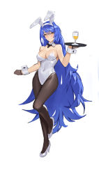 Rule 34 | 1girl, absurdres, animal ears, black bow, black bowtie, blue hair, bow, bowtie, breasts, brown pantyhose, commission, covered navel, cup, detached collar, drink, drinking glass, eyebrows hidden by hair, fake animal ears, full body, girls&#039; frontline, hair between eyes, hexagram, high heels, highres, holding, holding tray, jonbur man, large breasts, leotard, long hair, looking at viewer, official alternate costume, pantyhose, pixiv commission, playboy bunny, rabbit ears, shoes, side-tie leotard, simple background, smile, solo, standing, standing on one leg, star of david, strapless, strapless leotard, tar-21 (girls&#039; frontline), tar-21 (night at the bar) (girls&#039; frontline), tray, white background, white footwear, white leotard, wrist cuffs, yellow eyes