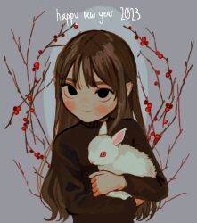 Rule 34 | 1girl, 2023, animal, black eyes, brown hair, closed mouth, commentary, happy new year, holding, holding animal, io (onisarashi), long hair, long sleeves, new year, original, rabbit, solo, symbol-only commentary, upper body
