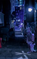 Rule 34 | 1girl, alley, animal bag, animal ears, backpack, bad id, bad pixiv id, bag, black jacket, black thighhighs, blush, bow, brown skirt, building, cat bag, city, commentary request, danganronpa (series), danganronpa 2: goodbye despair, ear bow, fake animal ears, flipped hair, from side, hands up, highres, jacket, lamppost, lovely ummm, monomi (danganronpa), nanami chiaki, night, open mouth, outdoors, photo background, pleated skirt, shoes, skirt, thighhighs, zettai ryouiki