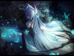 Rule 34 | aoandon, artist name, blue butterfly, blue eyes, braid, bug, butterfly, butterfly hair ornament, character name, elegy nana, hair ornament, highres, insect, long hair, night, onmyoji, outdoors, pale skin, solo, very long hair, white hair, wide sleeves