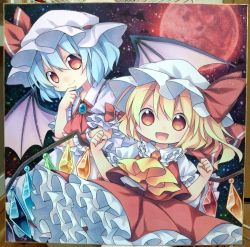 Rule 34 | 2girls, ascot, bat wings, blonde hair, brooch, female focus, flandre scarlet, full moon, hat, hat ribbon, highres, jewelry, kagami leo, moon, multiple girls, open mouth, red eyes, red moon, remilia scarlet, ribbon, shikishi, short hair, siblings, side ponytail, sisters, skirt, skirt set, smile, touhou, traditional media, wings