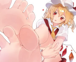 Rule 34 | 1girl, ascot, barefoot, blonde hair, crystal, fang, flandre scarlet, foot focus, foreshortening, hat, higa (gominami), long hair, mob cap, open mouth, pointy ears, red eyes, simple background, soles, solo, toes, touhou, white background, wings