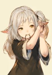 Rule 34 | 1girl, adjusting hair, animal ears, black dress, blush, character request, copyright request, dress, grey hair, hair tie, head tilt, junwool, long hair, mouth hold, nose blush, one side up, simple background, sketch, solo, tying hair, yellow eyes
