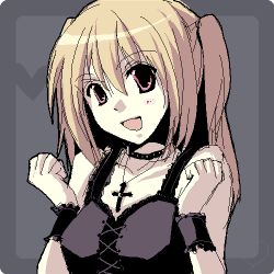 Rule 34 | 00s, 1girl, amane misa, blonde hair, cross, death note, goth fashion, gothic lolita, lolita fashion, lowres, oekaki, rally, red eyes, smile, solo, two side up