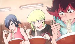 Rule 34 | 3boys, blonde hair, blue hair, blush, bowl, casual, chopsticks, earrings, eating, food, gueira, hair over one eye, hair up, highres, holding, holding chopsticks, jewelry, kannoiimituhiko, lio fotia, long hair, mad burnish, male focus, meis (promare), multiple boys, noodles, open mouth, ponytail, promare, ramen, red hair, smile, steam, table