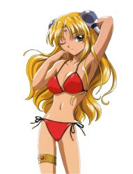 Rule 34 | 00s, 1girl, arm behind head, armpits, bikini, blonde hair, breasts, brown eyes, facial mark, forehead mark, galaxy angel, hair ornament, hairclip, large breasts, long hair, looking at viewer, one eye closed, ranpha franboise, red bikini, side-tie bikini bottom, simple background, solo, swimsuit, thighlet, very long hair, white background, wink