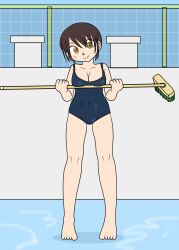 Rule 34 | 1girl, absurdres, barefoot, blue one-piece swimsuit, blush, breasts, broom, brown eyes, brown hair, cleavage, collarbone, highres, holding, looking at viewer, one-piece swimsuit, puddle, school swimsuit, sexless2012, short hair, small breasts, smile, standing, swimsuit