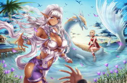 Rule 34 | 2girls, :d, armpits, bad id, bad pixiv id, bare shoulders, blonde hair, blue eyes, blue sky, blush, bracelet, breasts, cleavage, closed mouth, cowboy shot, dark-skinned female, dark elf, dark skin, day, dragon, elf, fantasy, from side, hair ornament, hairclip, highres, hikari (komitiookami), hip vent, jewelry, large breasts, looking at viewer, looking to the side, multiple girls, navel, ocean, open mouth, original, palm tree, pier, pointy ears, pov, reaching, reaching towards viewer, revealing clothes, riding, scrunchie, shiny skin, silver hair, sky, smile, tiara, tree, veil, wrist scrunchie