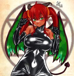 Rule 34 | 1girl, breasts, character request, covered erect nipples, covered navel, dark-skinned female, dark skin, demon girl, demon tail, demon wings, elf, gloves, green eyes, highres, large breasts, latex, looking at viewer, pointy ears, red eyes, seductive smile, smile, tail, twintails, wings