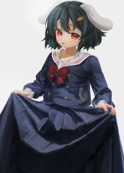 Rule 34 | 1girl, :o, absurdres, alternate costume, animal ears, black hair, blue shirt, blue skirt, bow, bowtie, carrot hair ornament, commentary request, feet out of frame, floppy ears, food-themed hair ornament, fumori, grey background, hair ornament, highres, inaba tewi, long sleeves, looking at viewer, medium hair, open mouth, rabbit ears, rabbit girl, red bow, red bowtie, red eyes, sailor collar, school uniform, serafuku, shirt, simple background, skirt, skirt hold, solo, teeth, touhou, upper teeth only