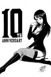 Rule 34 | 1girl, black hair, boots, breasts, cleavage, greyscale, haruto umezawa, large breasts, long hair, monochrome, nico robin, one piece, solo, thighhighs, thriller bark
