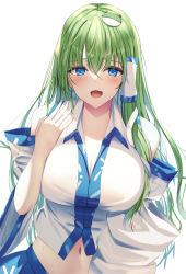 Rule 34 | 1girl, bare shoulders, blue eyes, breasts, cleavage, collared shirt, commentary, crossed bangs, detached sleeves, frog hair ornament, green hair, hair between eyes, hair ornament, hair tubes, hand up, highres, hot, kochiya sanae, large breasts, liya, long hair, long sleeves, looking at viewer, navel, open mouth, raised eyebrows, shirt, simple background, sleeveless, sleeveless shirt, snake hair ornament, sweat, touhou, upper body, white background, white shirt, wide sleeves