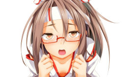 Rule 34 | 10s, 1girl, bad id, bad pixiv id, bespectacled, brown eyes, brown hair, collarbone, glasses, hachimaki, hair ribbon, headband, highres, japanese clothes, kantai collection, looking at viewer, ogami kazuki, open mouth, red-framed eyewear, ribbon, semi-rimless eyewear, simple background, solo, under-rim eyewear, white background, zuihou (kancolle)