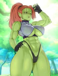 Rule 34 | 1girl, abs, absurdres, amidasketchbook, breasts, fingerless gloves, gloves, green eyes, highres, large breasts, long hair, mature female, monster girl, muscular, muscular female, orc, original, pointy ears, ponytail, red hair, solo, sports bra, thong, tusks, underboob