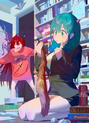 Rule 34 | 2girls, ahoge, aqua hair, blush, book, book stack, bookshelf, butt plug, can, double-parted bangs, embarrassed, green eyes, green hair, hair between eyes, highres, hipa (some1else45), holding, horns, indoors, jacket, legs, long hair, long sleeves, multiple girls, nahia (some1else45), office lady, open mouth, original, red hair, sex toy, shirt, side ahoge, sitting, skirt, some1else45