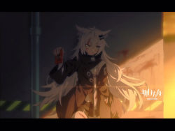 Rule 34 | 1girl, animal ears, arknights, black coat, black shorts, blood, blood on face, coat, copyright name, cowboy shot, dadijiji, day, food, grey eyes, grin, hair between eyes, hair ornament, hairclip, holding, holding food, holding pocky, injury, lappland (arknights), letterboxed, logo, long hair, looking at viewer, outdoors, pocky, scar, scar across eye, scar on face, shade, short shorts, shorts, silver hair, smile, solo, standing, sunlight, wolf ears